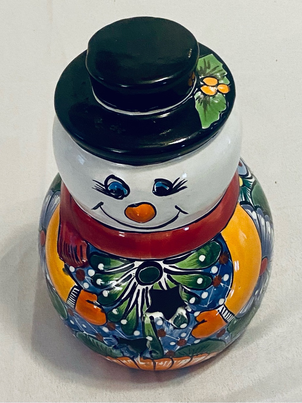 Talavera Hand-Painted Ceramic Snowman Candle Holder.